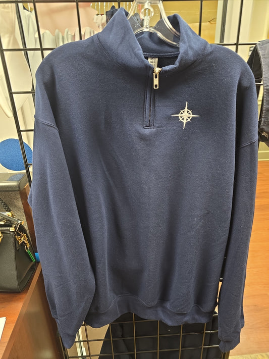 Sweatshirt 1/4 Zip Blue Embroidered Compass